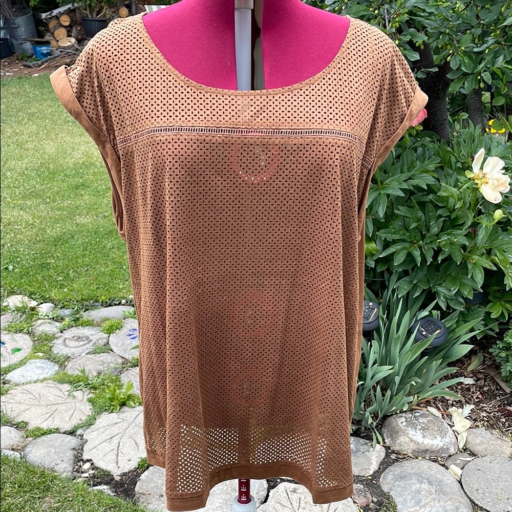 Michel Studio Faux Suede Perforated Short Sleeve Top